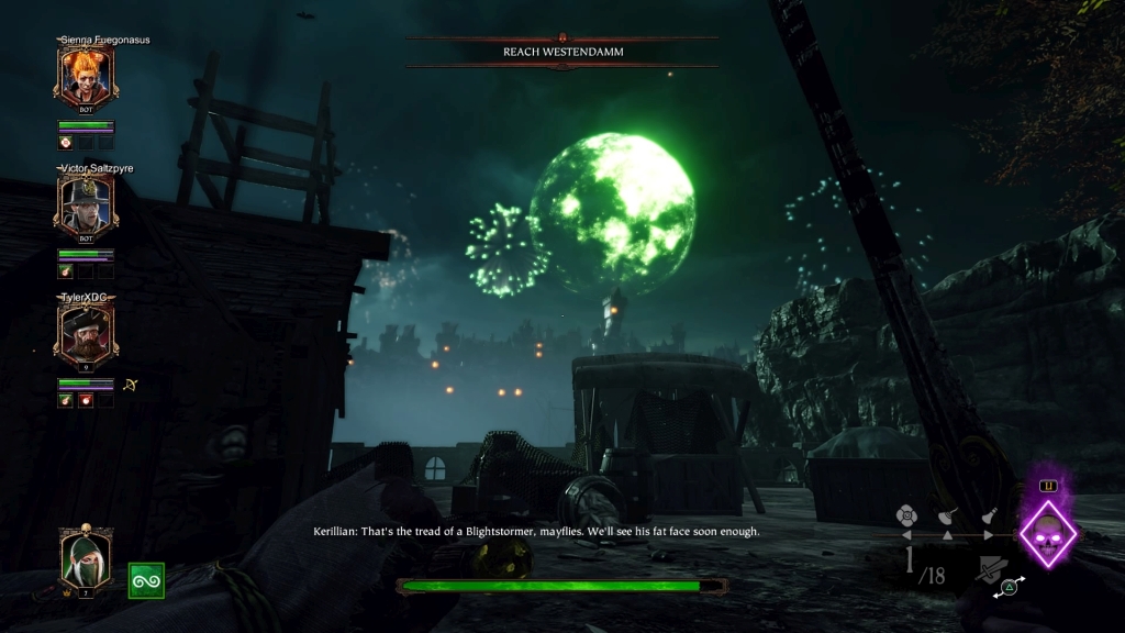 Wyjątkowy jak na Vermintide 2 piękny widok: fajerwerki na tle zielonego księżyca